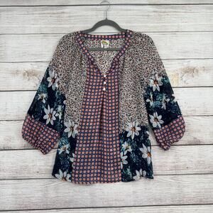 Fig and Flower BOHO Multi Print Blouse Womens Petite Large Multicolor